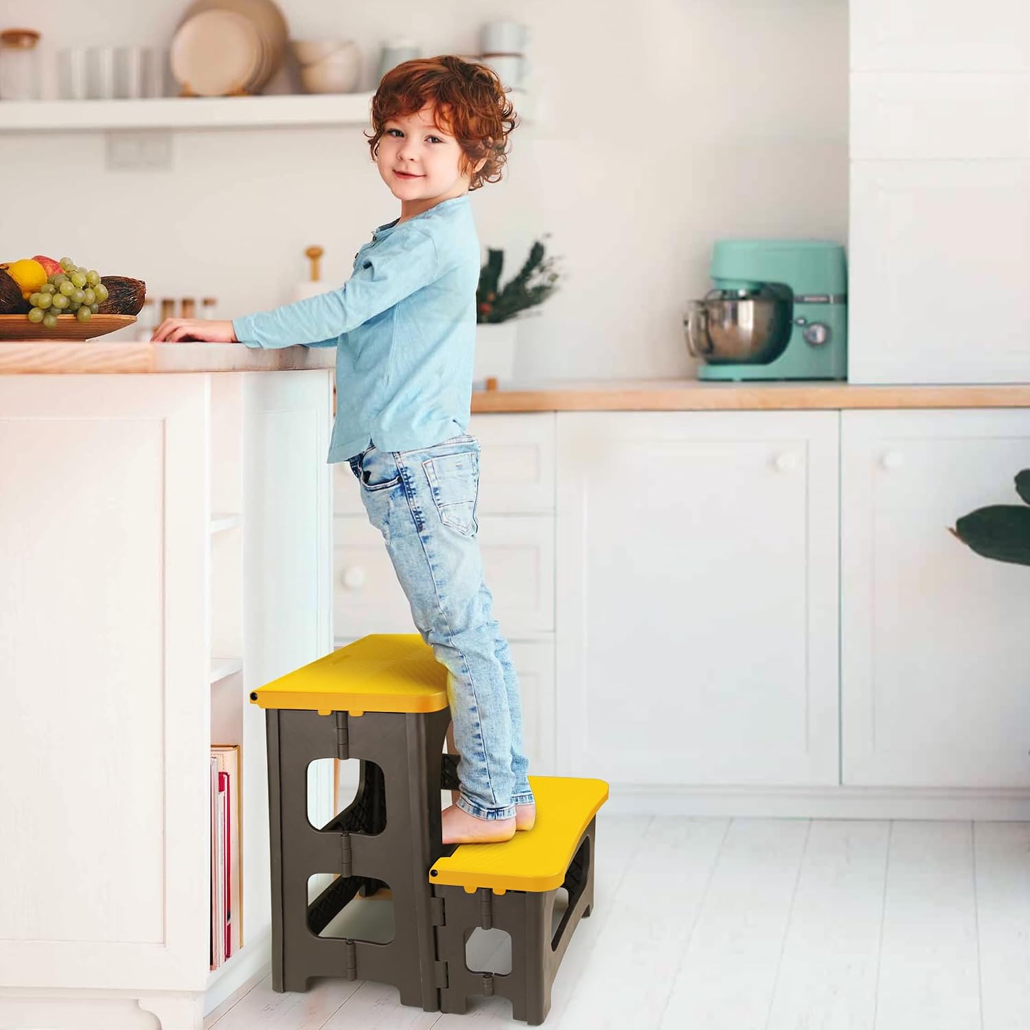 2 Step Folding Stool 250 lb Capacity Non Slip Foldable Step Stool 8 and 17 Inch Heavy Duty Portable Foot Stool for Kitchen Bathroom RV Yellow