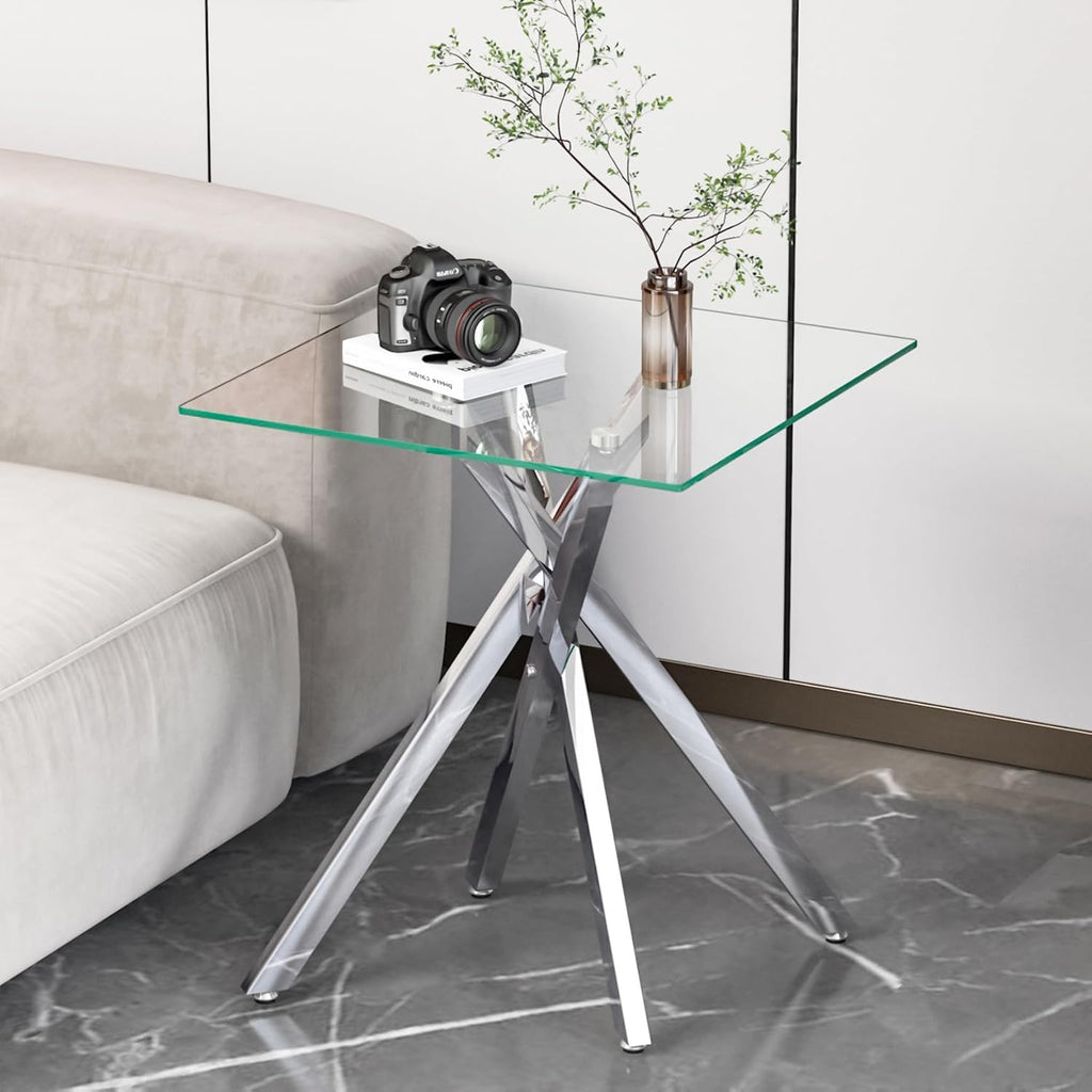 Modern Glass Side Table 17.72" Square End Table with Metal Legs, Small Clear Tempered Glass Sofa Tables for Living Room, Bedroom, Nightstand (Silver)