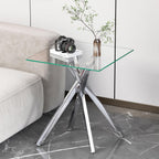 Modern Glass Side Table 17.72" Square End Table with Metal Legs, Small Clear Tempered Glass Sofa Tables for Living Room, Bedroom, Nightstand (Silver)
