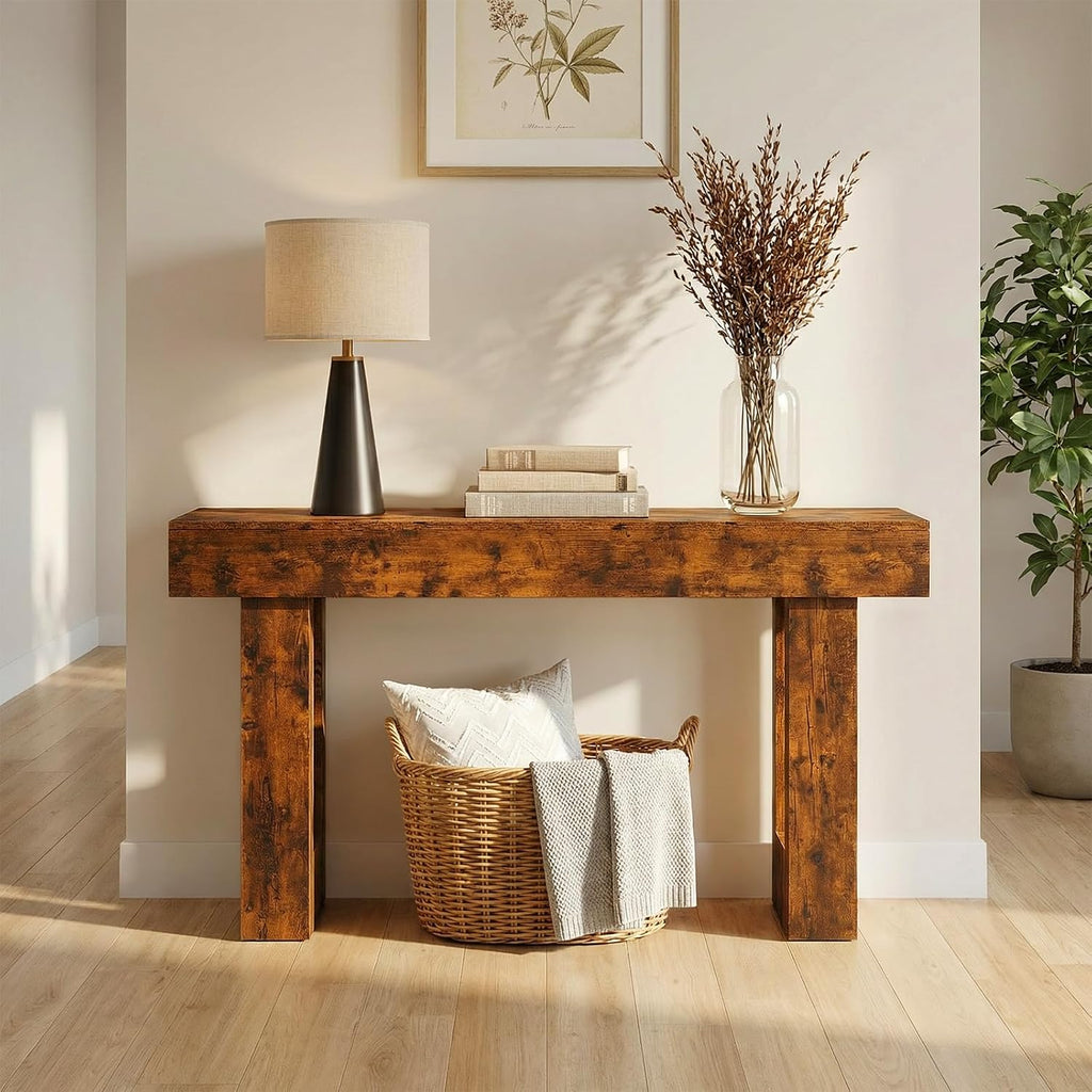 DUMOS 63 Inches Console Farmhouse Table for Entryway, Long Console Table Behind Couch, Solid Wood Narrow Entryway Table for Hallway, Living Room, Foyer, Entrance, Easy Assembly, Brown