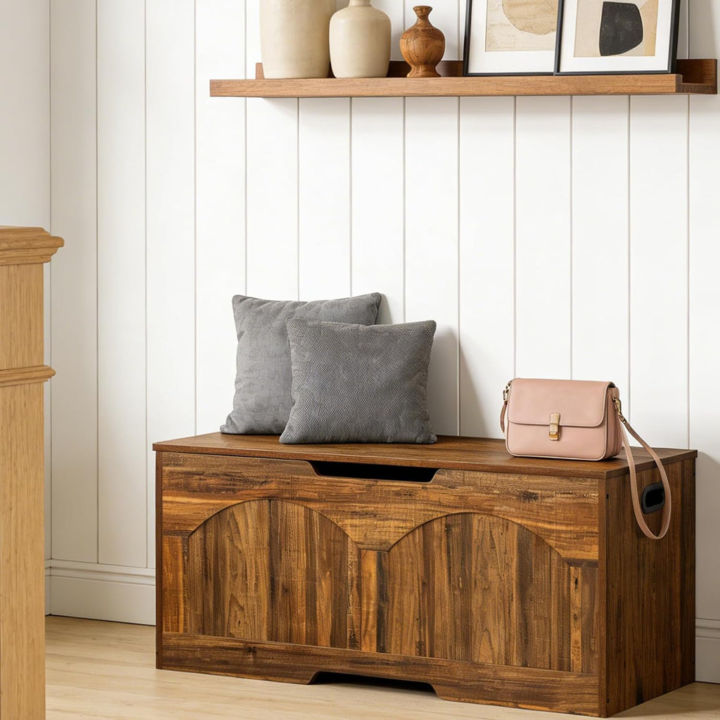 Garvee Storage Bench,39.3” Retro Wooden Storage Chest with U-Shaped Cut-Out Pull, Safety Hinge, Supports 300 lb and Easy Assembly for Toy Box Organizer,Brown
