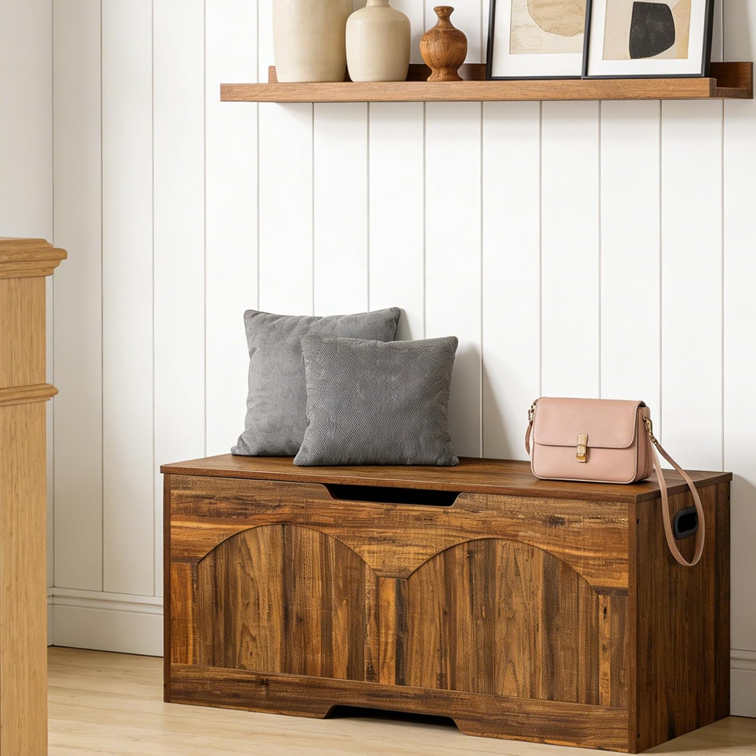Garvee Storage Bench,39.3” Retro Wooden Storage Chest with U-Shaped Cut-Out Pull, Safety Hinge, Supports 300 lb and Easy Assembly for Toy Box Organizer,Brown