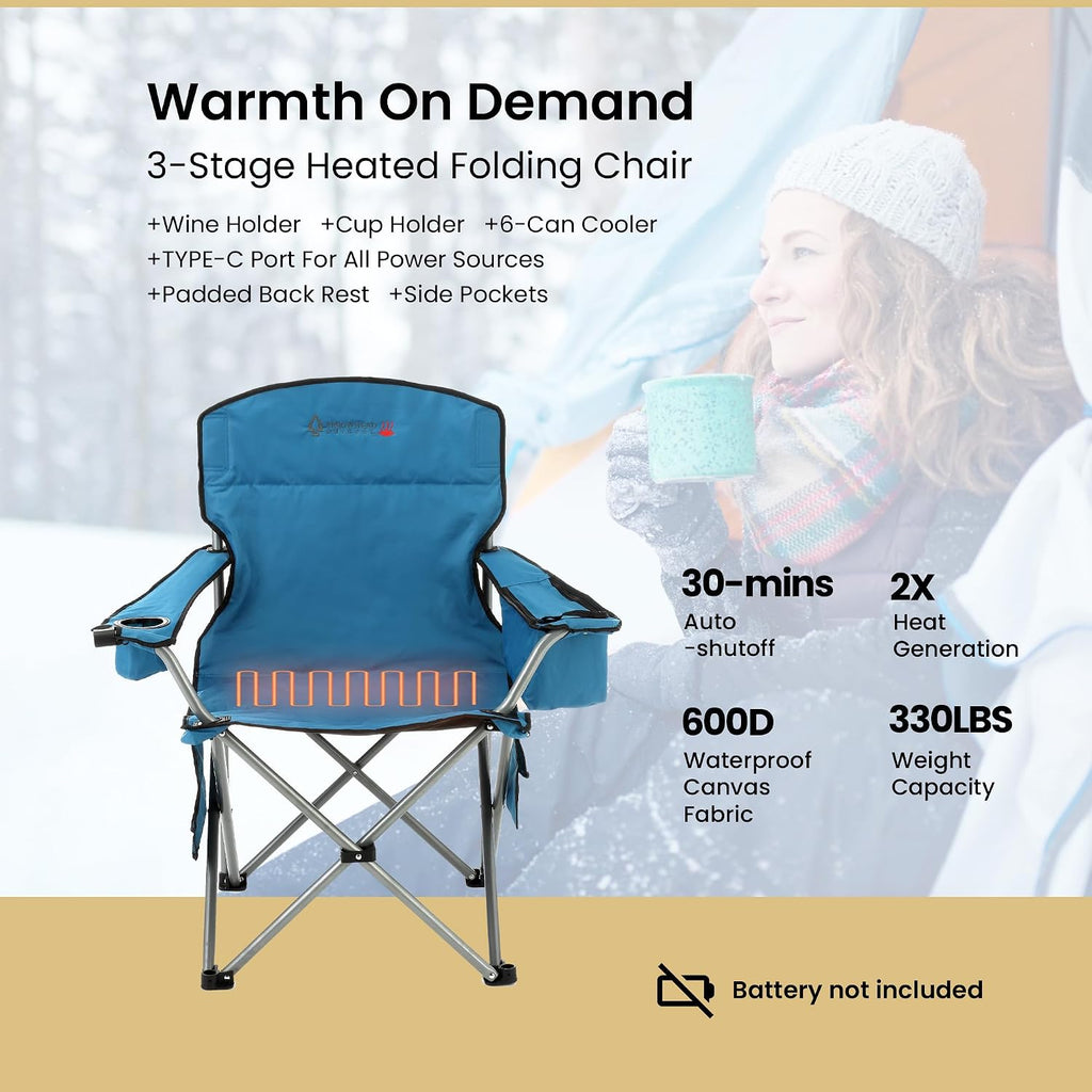 ARROWHEAD OUTDOOR Heated Camping Chair – Heavy-Duty Portable Folding Chair with 3 Heat Modes, 6-Can Cooler, Cup & Wine Glass Holder – Supports 330lbs