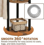 Espelism Rotary Coat Rack Stand, Freestanding Metal Hall Tree with 9 Hooks | 4-tier coat stand with wood storage shelves. Ideal for entryway, bedroom, corner or office clothing organization.Brown