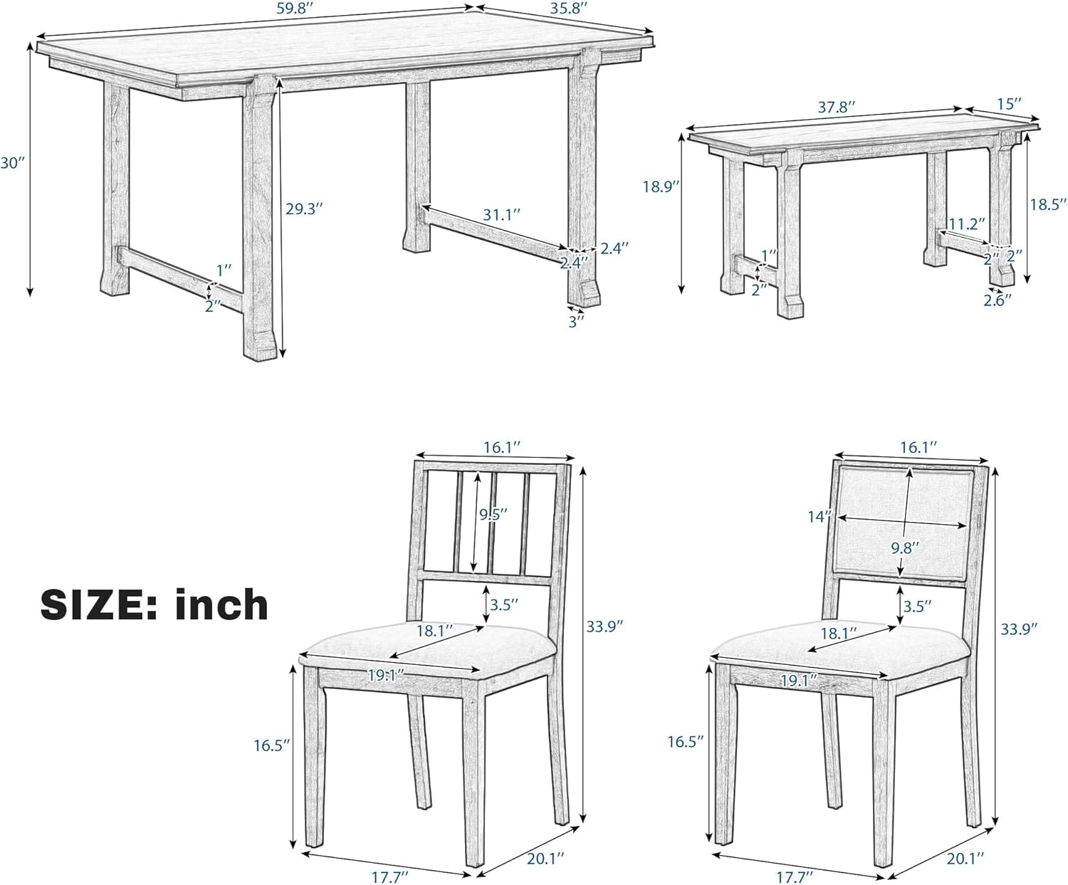 LUMISOL 6-Piece Dining Table Set for 6, Farmhouse Kitchen Table Set with 4 Upholstered Chairs with Bench, Solid Wood Table and Chairs Set for Kitchen, Dining Room, Natural Wood Wash+Beige