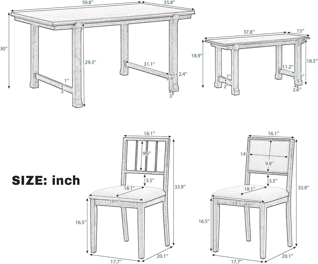 LUMISOL 6-Piece Dining Table Set for 6, Farmhouse Kitchen Table Set with 4 Upholstered Chairs with Bench, Solid Wood Table and Chairs Set for Kitchen, Dining Room, Natural Wood Wash+Beige