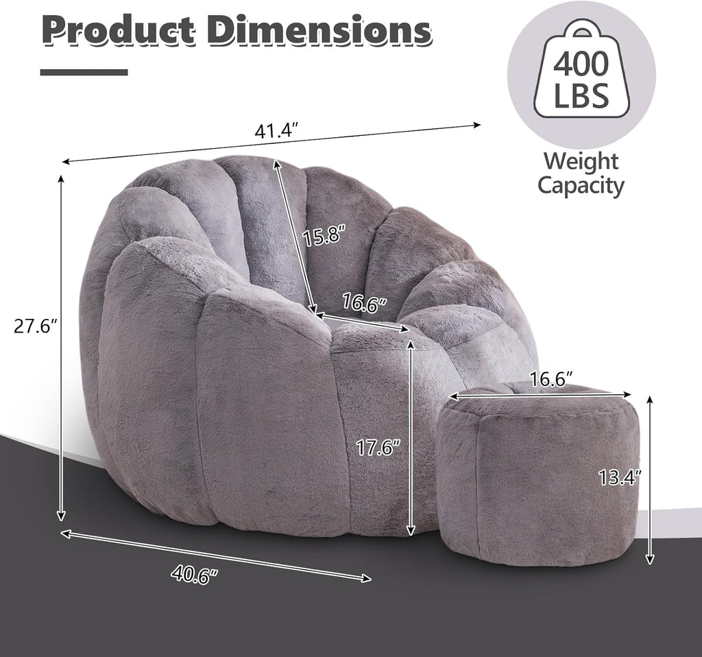Bean Bag Chair, Bean Bag Chair with Ottoman, Stuffed Bean Bag Chairs with Filler, Big Beanbag Chairs with Filling for Living Room (Faux Fur in Gray, 40.6" D×41.4" W×27.6" H)
