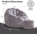 Bean Bag Chair, Bean Bag Chair with Ottoman, Stuffed Bean Bag Chairs with Filler, Big Beanbag Chairs with Filling for Living Room (Faux Fur in Gray, 40.6" D×41.4" W×27.6" H)