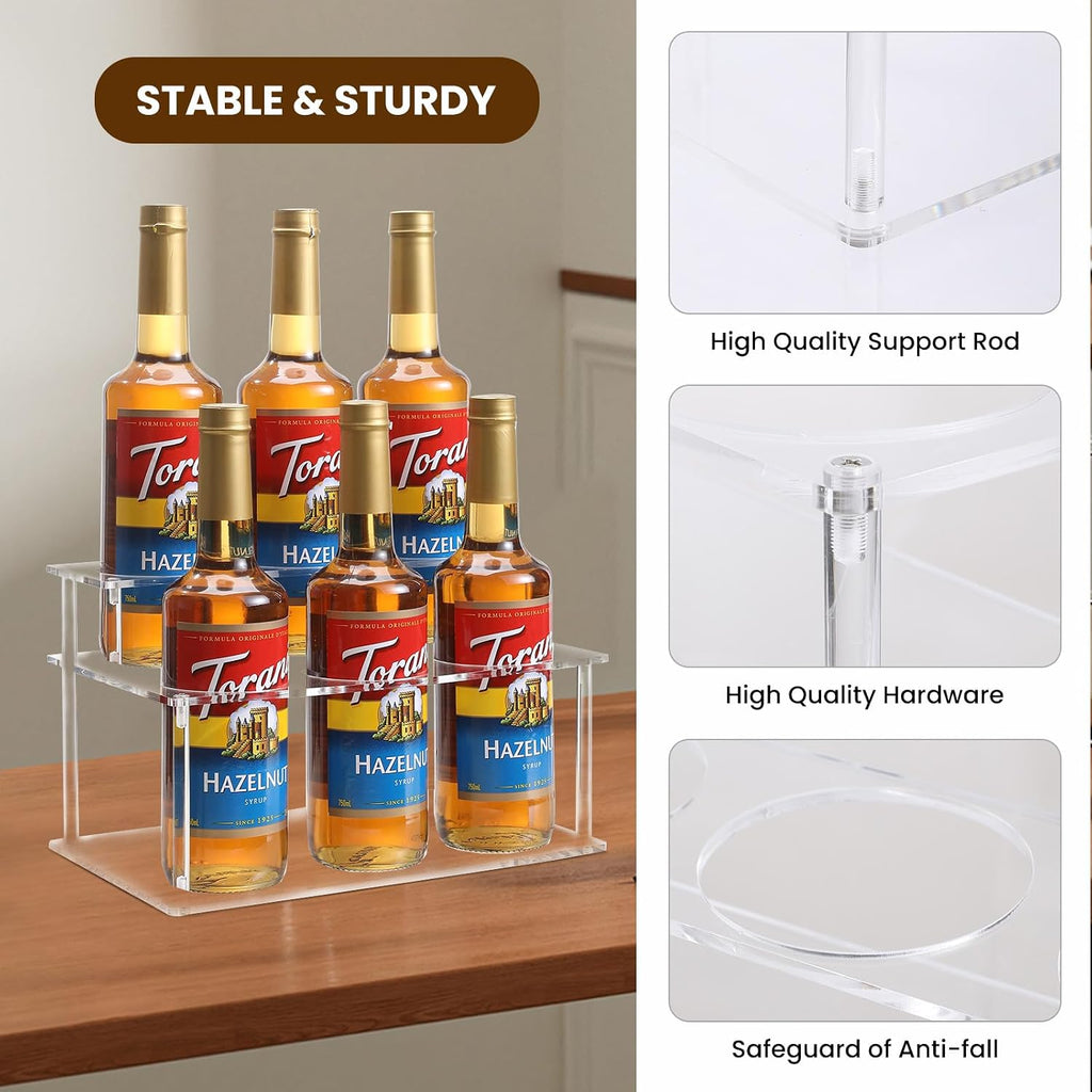 IEEK Coffee Syrup Rack Organizer 2-Tier 6 Syrup Bottles Holder Stand for Coffee Bar,Clear Acrylic Bottle Storage Shelf With Anti Slip Pad for Syrup/Wine/Kitchen Coffee Station,Countertop Wine Rack