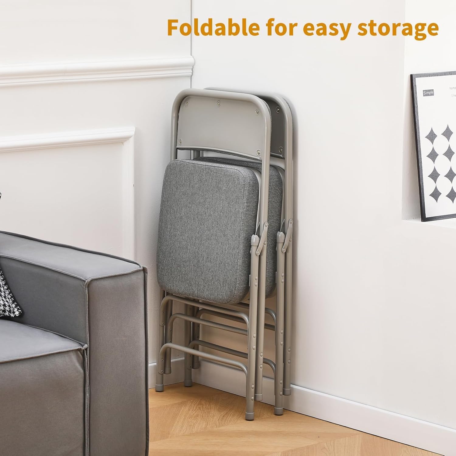 BOOSDEN Padded Folding Chair 2 Pack, Heavy Duty Fold Up Chair with Thick Cushion, Upholstered Fabric Seat, Comfy Foldable Chair, Metal Folding Dining Chair for Indoor Outdoor, Office, Home, Party,Grey