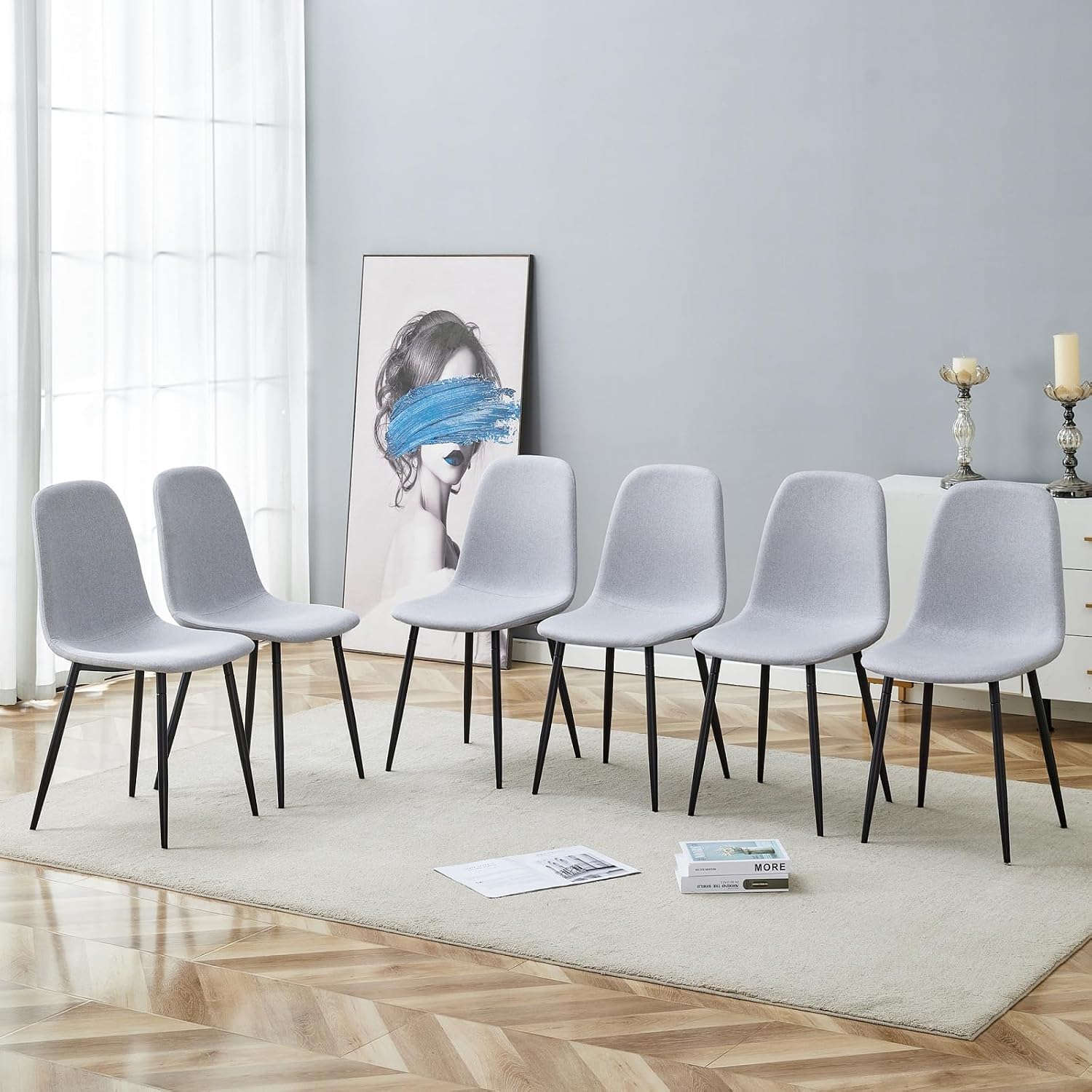 Modern Dining Chairs Set of 6, Linen-Cotton Upholstered Kitchen Chairs with Rounded Backrest, Ergonomic Integrated Seat with Adjustable Feet & Metal Legs for Dining Room, Office, Light Grey