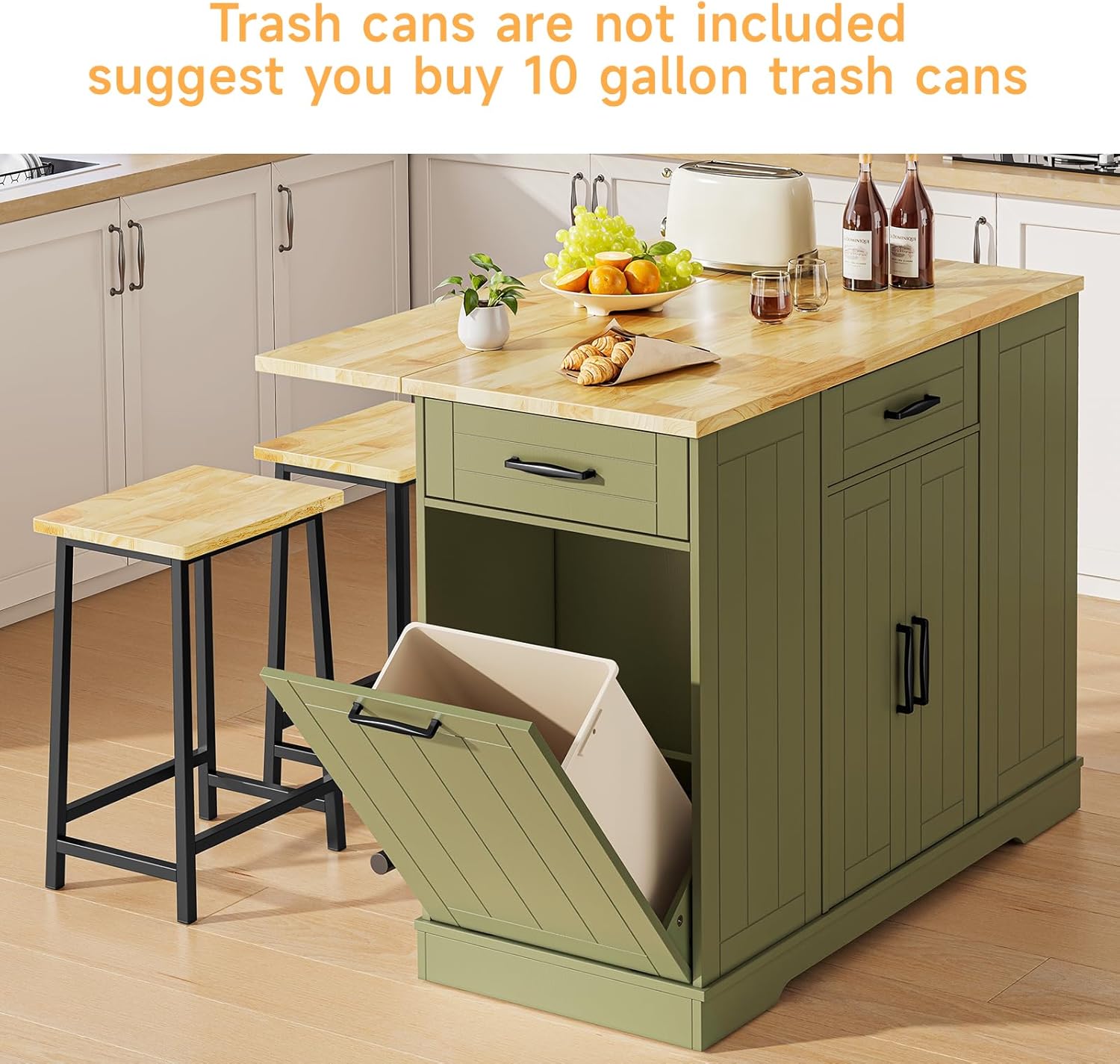 ONBRILL Stationary Kitchen Islands Include 2 Chairs, 47" Kitchen Island with Drop Leaf, Home Bar Table with Spice Rack & with Trash Cabinet, Island Table for Dining Room with Power Outlet, Green