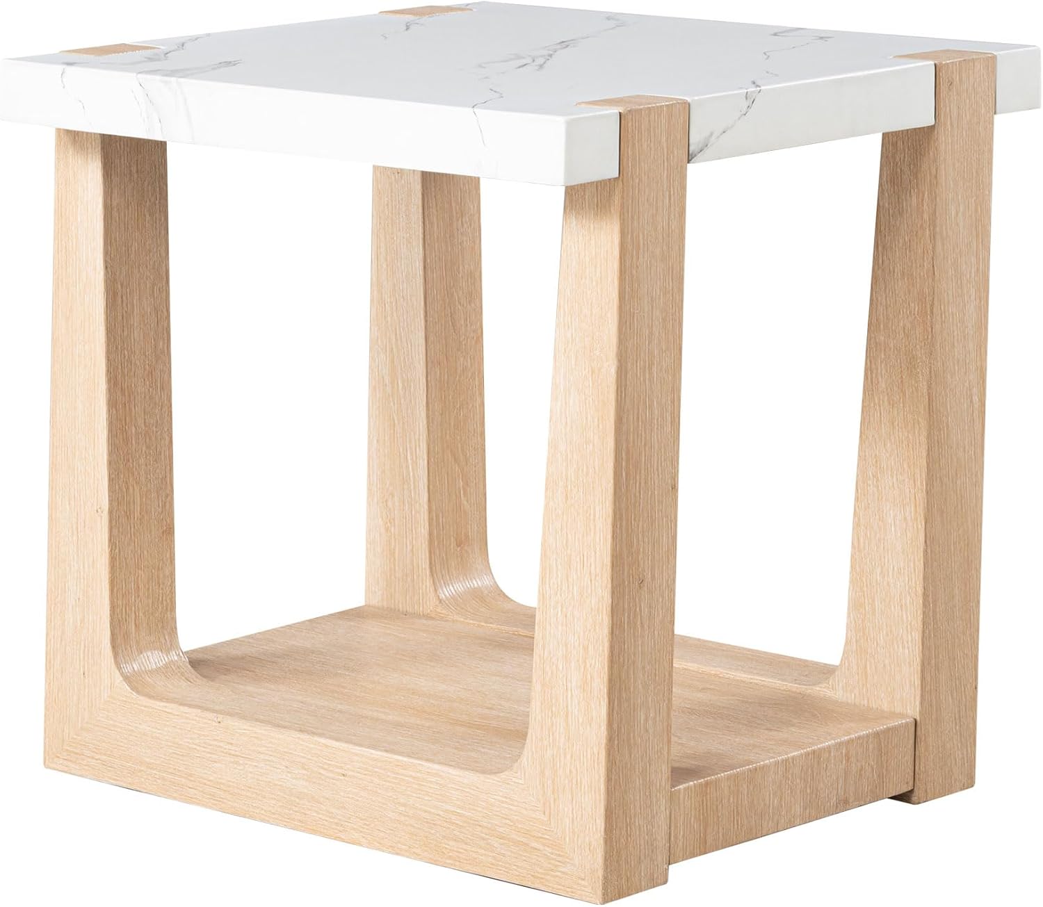 Furniture of America Coren Modern 24-inch Marble Top Square End Table with Shelf Base and U-Shaped Legs for Small Space, Living Room, Home Office, Natural and White