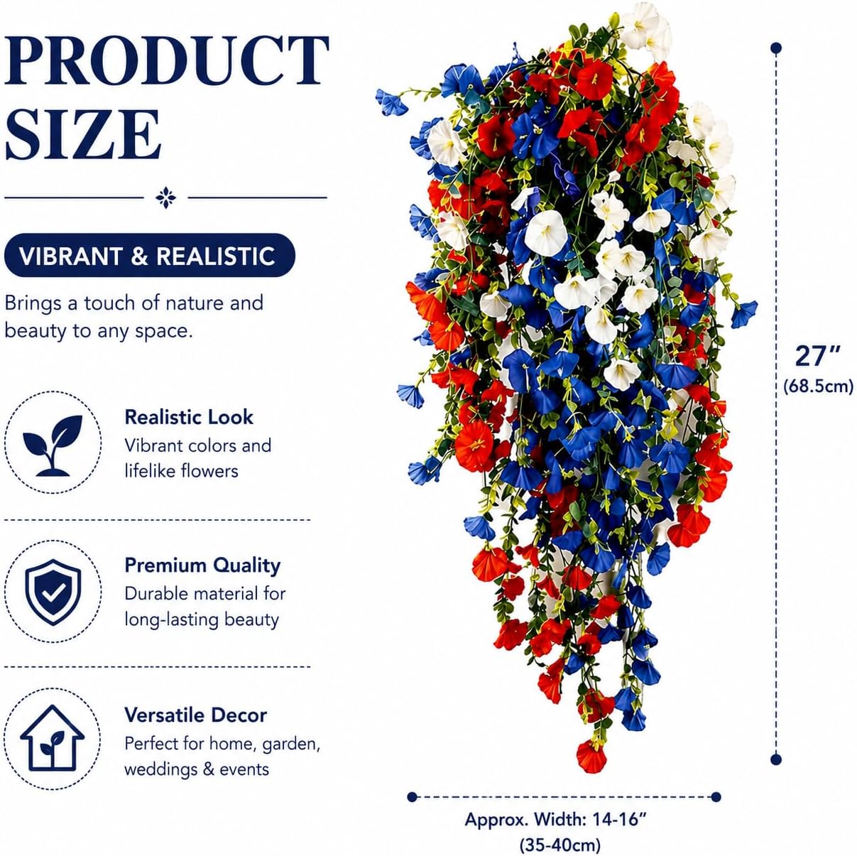 4th of July Decoration Tricolor Patriotic Artificial Flower, UV Resistant Red White Blue Artificial Morning Glory Vines, Patriotic Artificial Plants for Independence Day, Outdoor Decor (2 Pcs)