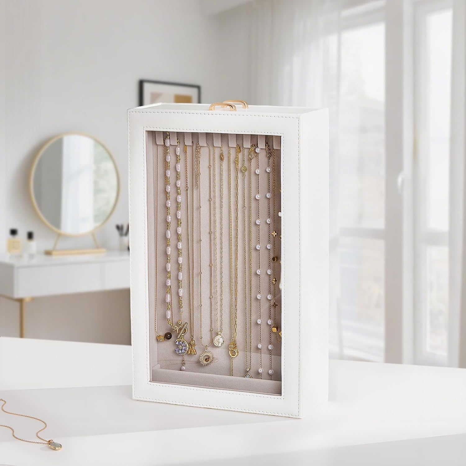 Lolalet Necklace Organizer Box, Jewelry Storage Box with Clear Window for Necklaces Bracelets, Tangle-Free Necklace Display Case for Women Girls, White, 2 Layers 20 Hooks