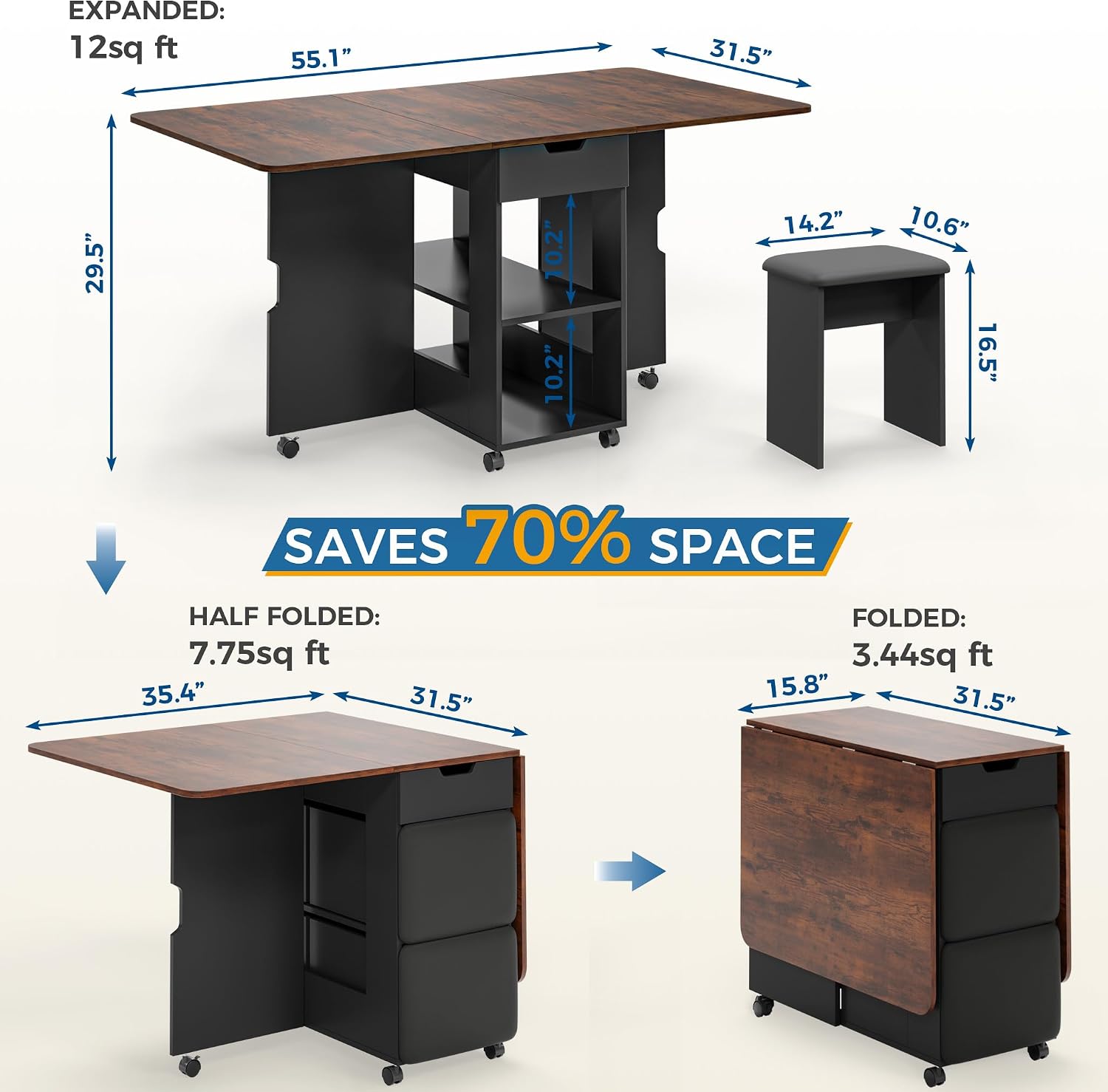 Mondeer Folding Dining Table and Chairs Set 4, 55" Space Saving Table with 4 Cushioned Stools, 2 Drawers and Storage Shelves, Foldable Table and Chairs for Kitchen Dining Room Living Room