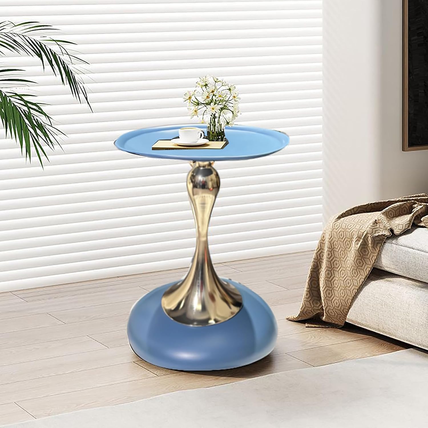 Small Round Side Table,Pedestal Side Table for Small Spaces,Metal End Tables Livingroom,Circle Martini Table Drink Table for Sofa Bedroom Office(40x55cm(16x22inch), Blue)
