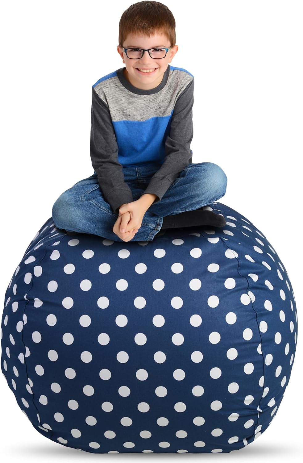 Creative QT Bean Bag Chair Cover - Large 33-Inch, Navy Polka Dot - Stuffed Animal Storage & Toy Storage Organizer for Kids - Machine-Washable Cotton Cover