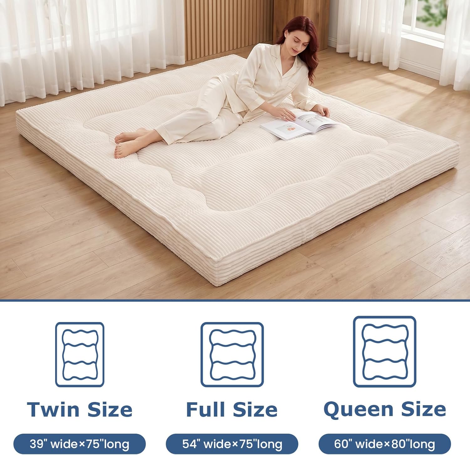 Extra Thick Futon Mattress - Japanese Floor Mattress for Adults, Portable Foldable Sleeping Pad for Guest, Camping, Dorm,Futon Mattress Queen Size with Storage Straps, Beige