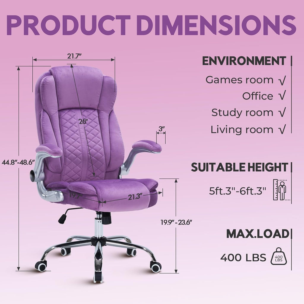400lbs Executive Office Chair with Flip-Up Armrests, Big and Tall Computer Chair for Heavy People, Heavy Duty Ergonomic Comfy Chair, Breathable Plush Velvet(Purple)