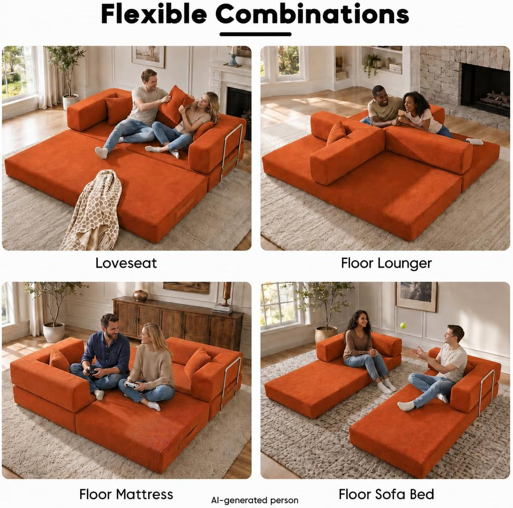 GEARIVY Folding Sofa Bed Convertable Corduroy Couch King Size Floor Sleeper 4-in-1 DIY Combination Modular Sofa Fold Out Futon Lounge Comfy Foldable Lazy cama for Living Room