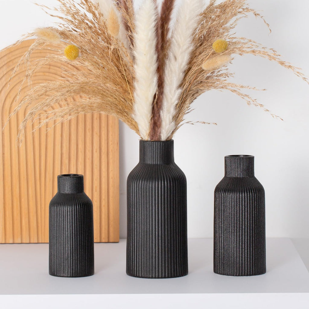 Bohemian Black Ceramic Vase - for Pampas Grass, Mantel, Bookshelf, Entryway and Living Room Decor (Black, Set of 3)
