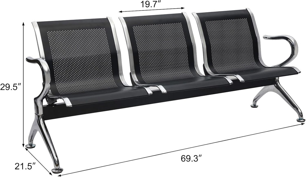 Kinfant Waiting Room Bench Set - Metal Office Guest Reception Seat Black Mesh Waiting Room Chairs with Armrest for Airport, Hospital, Bank, Salon, Barbershop, Hall(3-Seat, Set of 4)