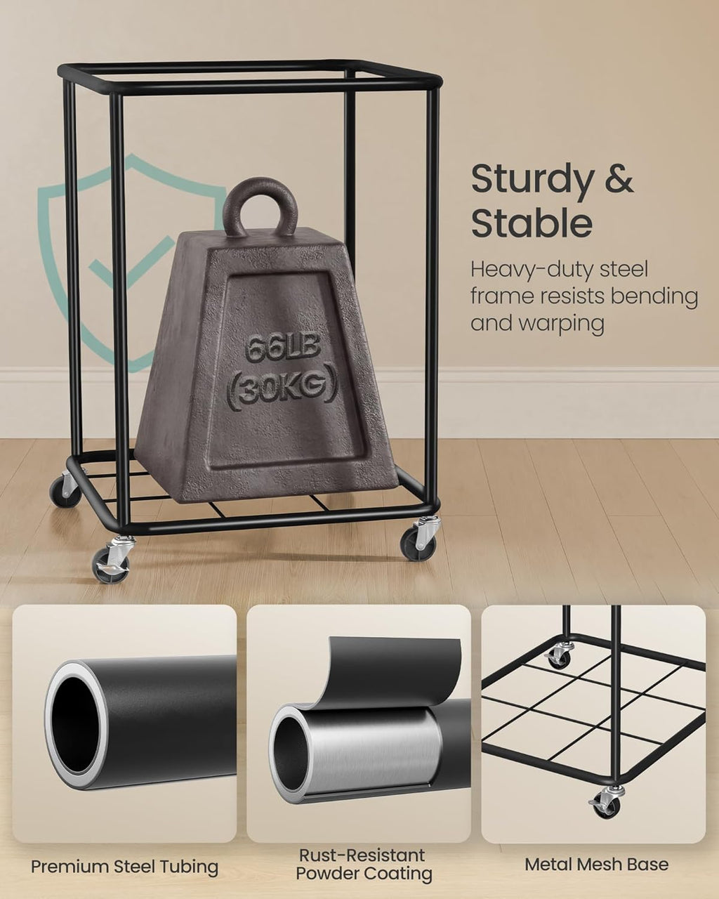 SONGMICS Laundry Basket with Wheels, Rolling Laundry Hamper with Steel Frame, Removable Liner Bag,45 Gallon (170 L), Ink Black URLS031BH01
