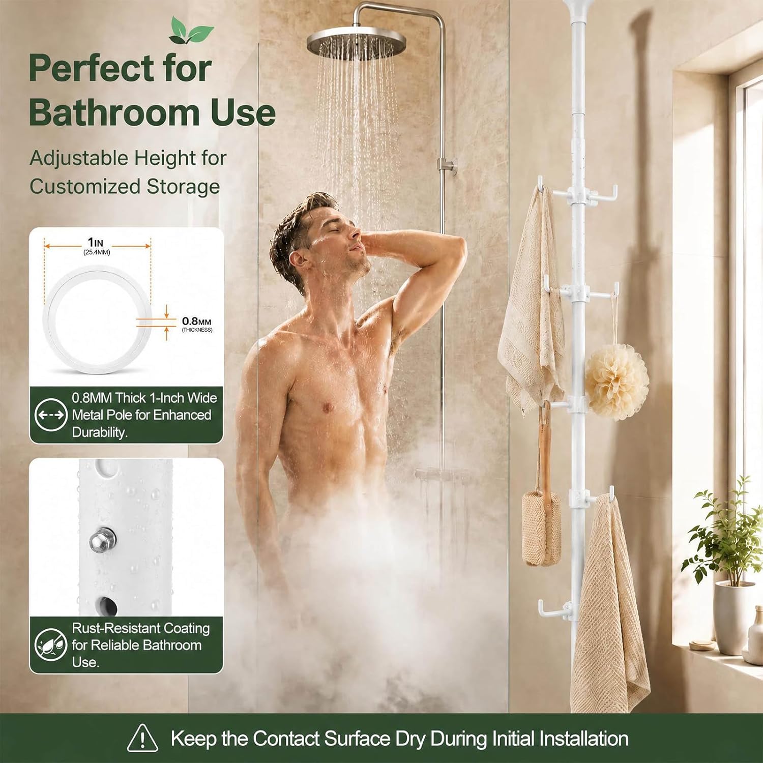 Coat Rack Freestanding, 56 to 125 inch Adjustable Tension Rod Coat Tree with 12 Hooks for Hanging Plant,Coat, Jacket, Hat, Scarf, Suitable for Living Room, Balcony, Kitchen White