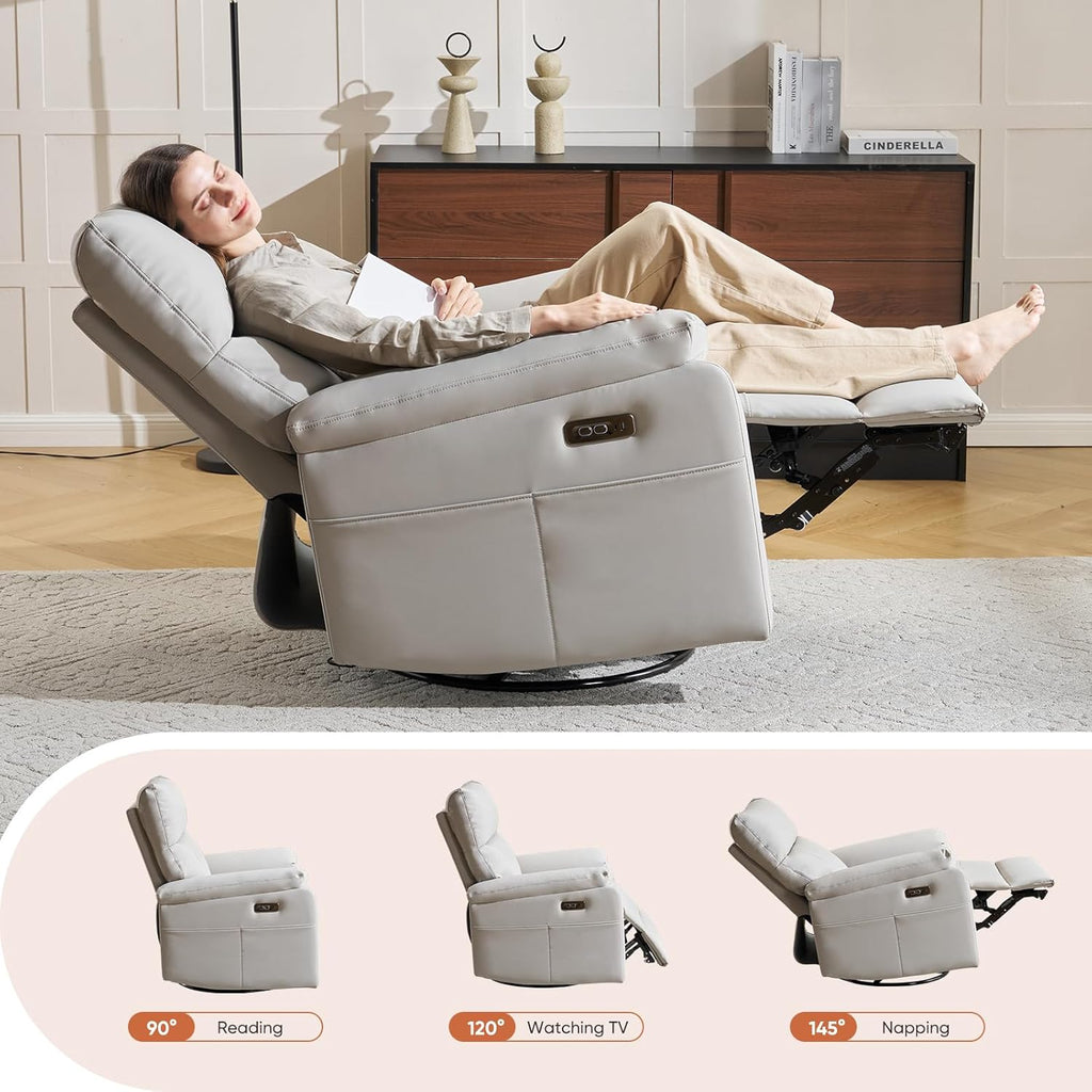 Power Rocking Chair Nursery with Adjustable Lumbar Support,Swivel Rocker Recliner with Overstuffed Armrests, Nursery Glider Recliner for Bedroom & Livingroom, USB & Type-C, Faux Leather Grey