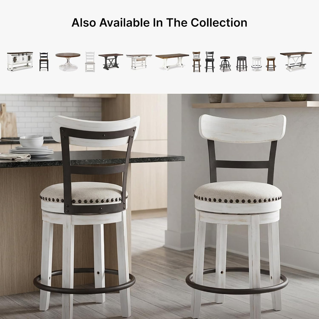 Signature Design by Ashley Valebeck Barstool, Rustic-Industrial Counter Height Chair, 360° Swivel, Wood & Metal Frame, Cushioned Seat, Ideal for Kitchen Island with Seating, Vintage White