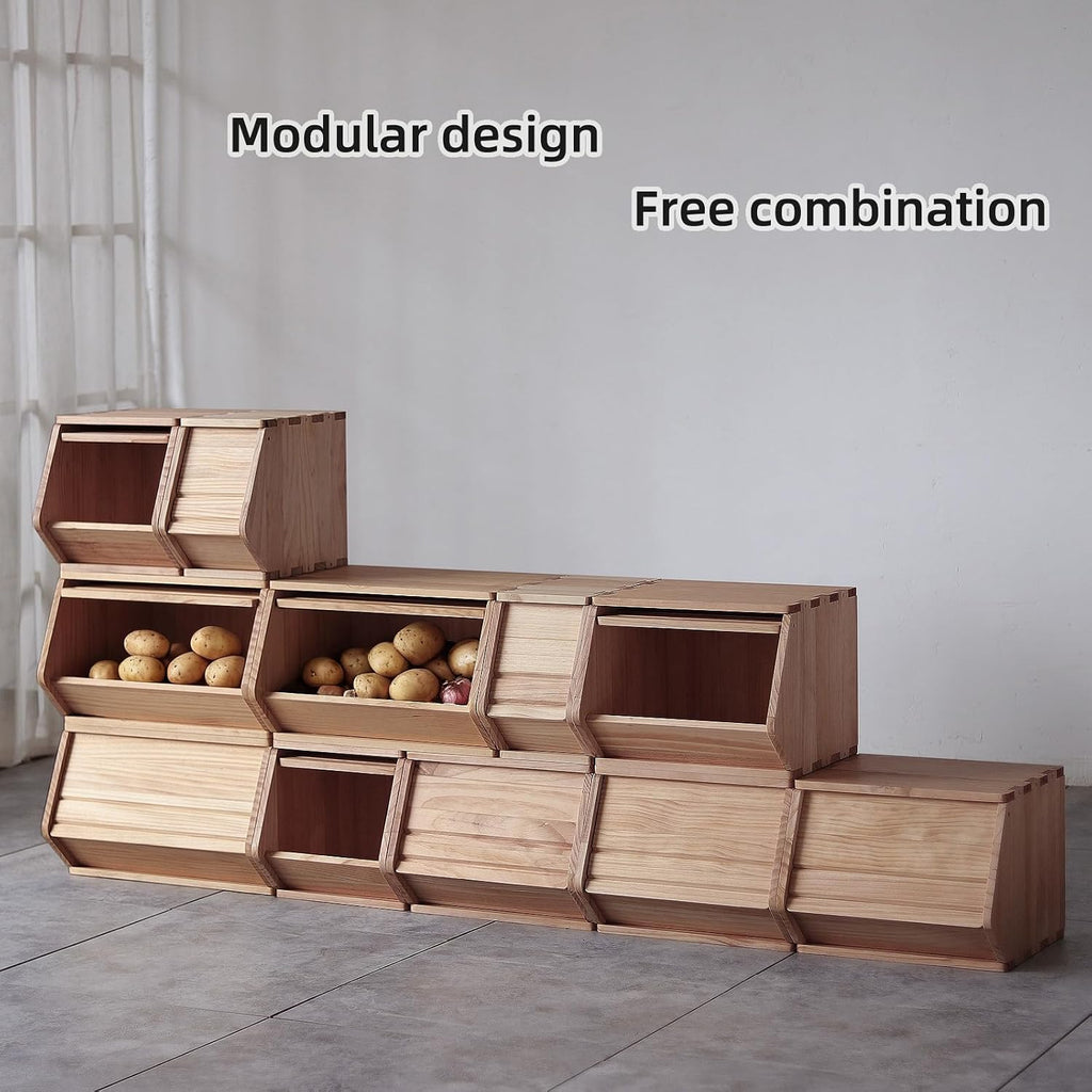 Stackable Solid Wood Storage Chests,Bins with Lids,Modular Wooden Multi-use Box,Closet Storage Organizers,Hall Entryway Cabinet,Drawers,Potato,Onion,Bread,Classify by Items,15.5”W(1 Pack)