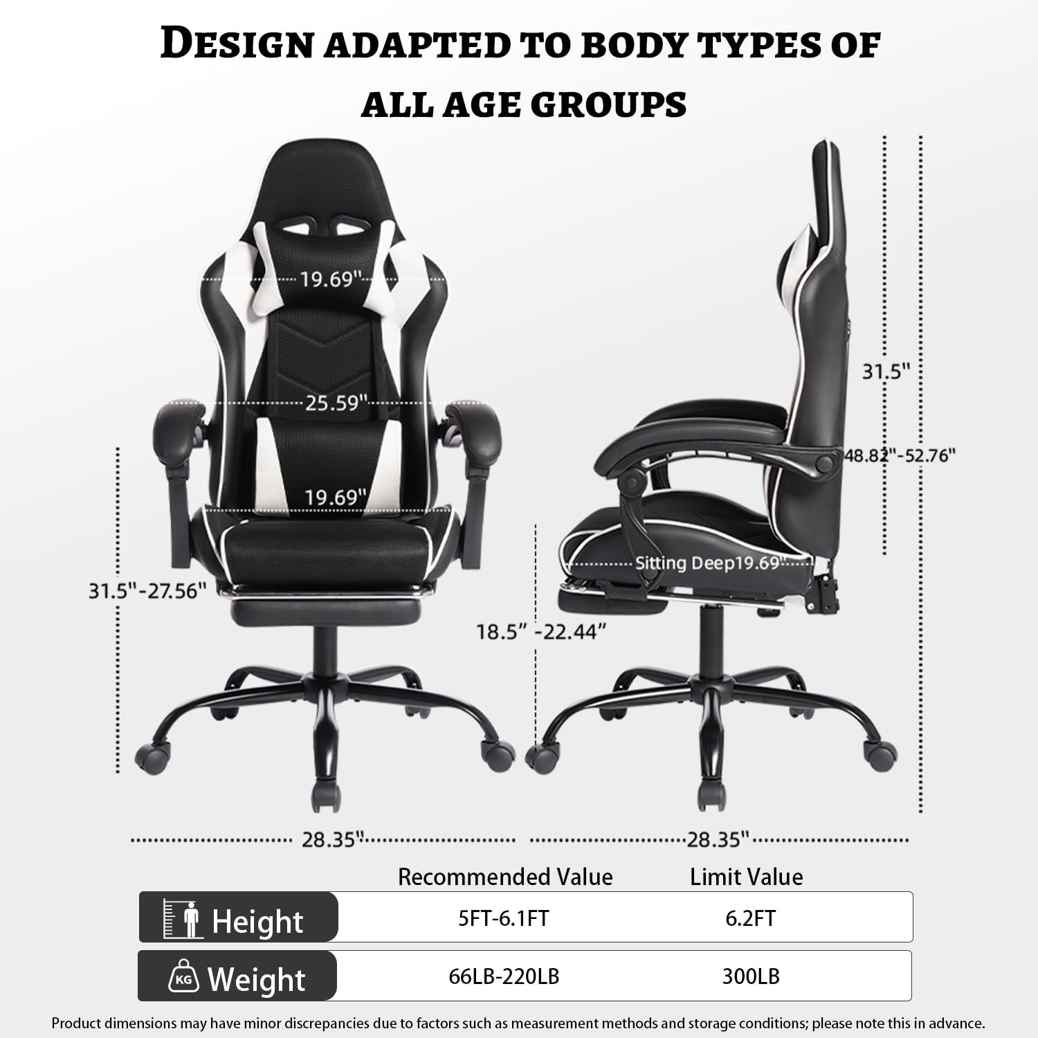 Gaming Chair, Computer Chair with Footrest and Lumbar Support,High Back Ergonomic Office Chair, Height Adjustable Game Chair with 360°-Swivel Seat and Headrest, for Office or Gaming (White)