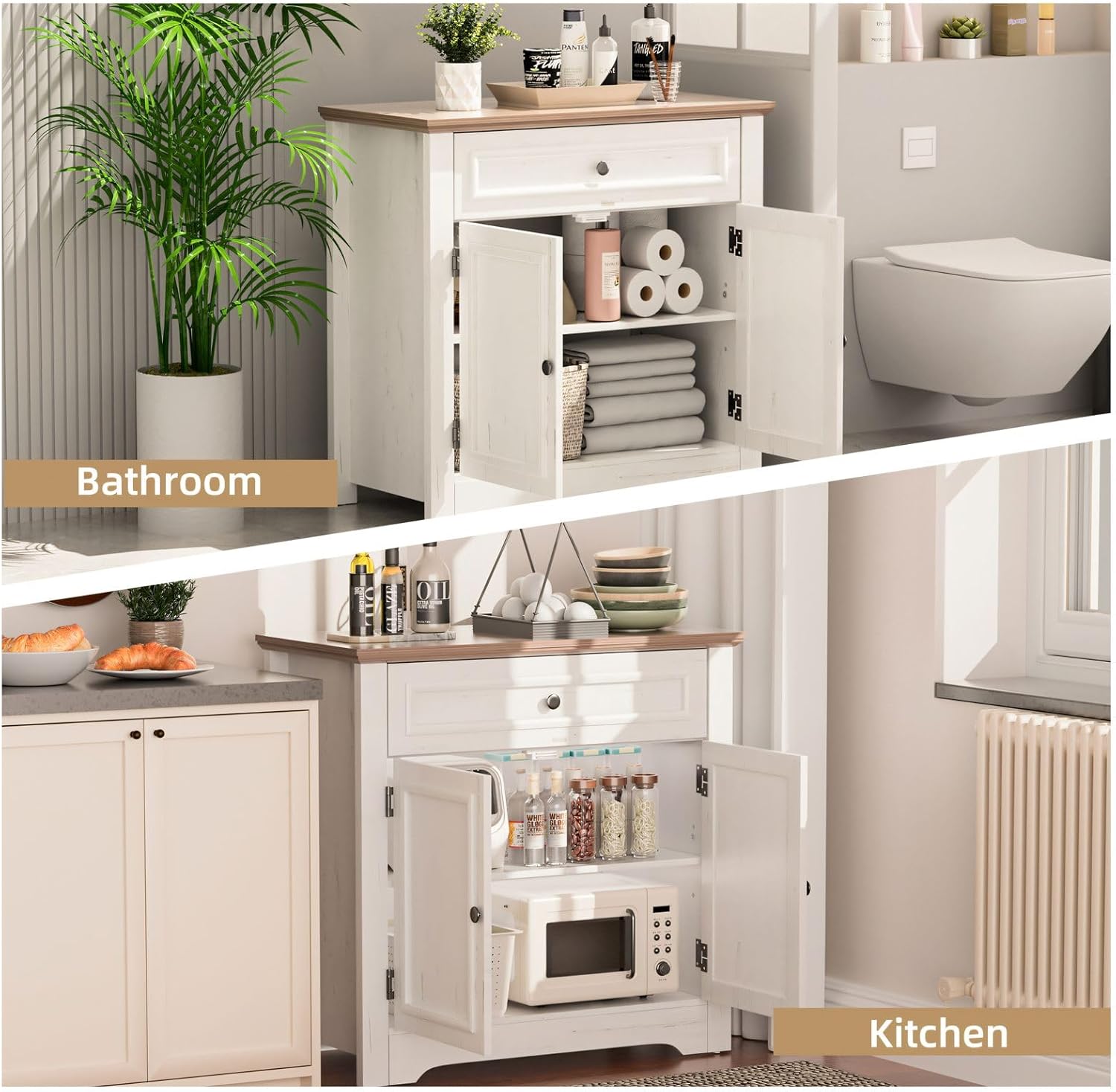 Buffet Cabinet with Storage and Drawer，Sideboard Coffee Bar with Adjustable Shelves and Doors, White Accent Cabinet Credenza Console Organizer Modern Coffee Bar for Kitchen Dining Room Living Room