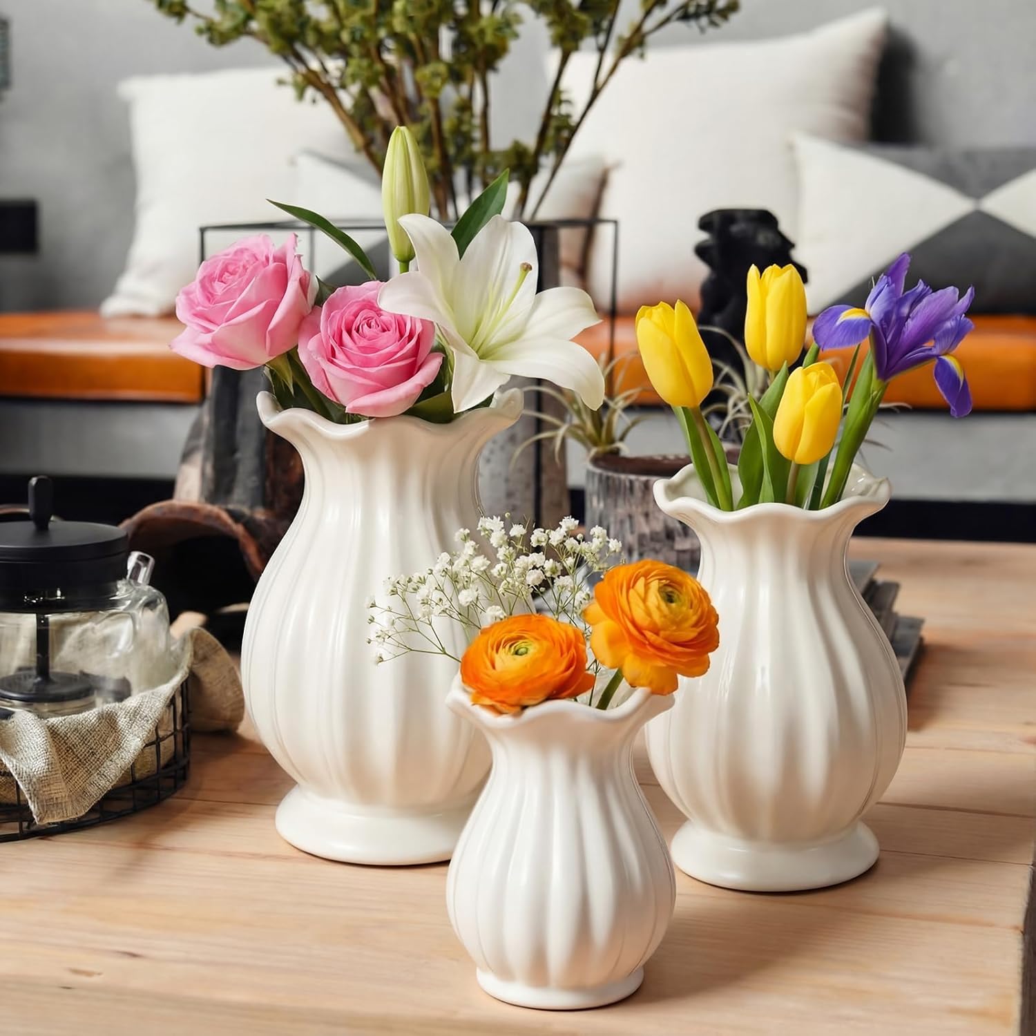 3 Pack White Ceramic Vase Set Small Rustic Decorative Vases Home Decor Wavy Edge Modern Flower Vases for Farmhouse Table Centerpiece Living Room Kitchen Bedroom (5.7,6.7,7.9in,Elegant)