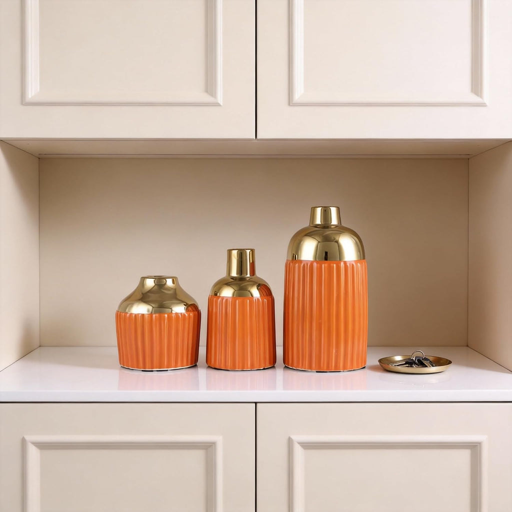 Orange Gold Ceramic Vase 3-Piece Set, Modern Geometric Decorative Vases, Small Ceramic Vases for Home Decor, Suitable for Dining Table, Shelf, Entryway Table, Fireplace, and Foyer Table Decor.