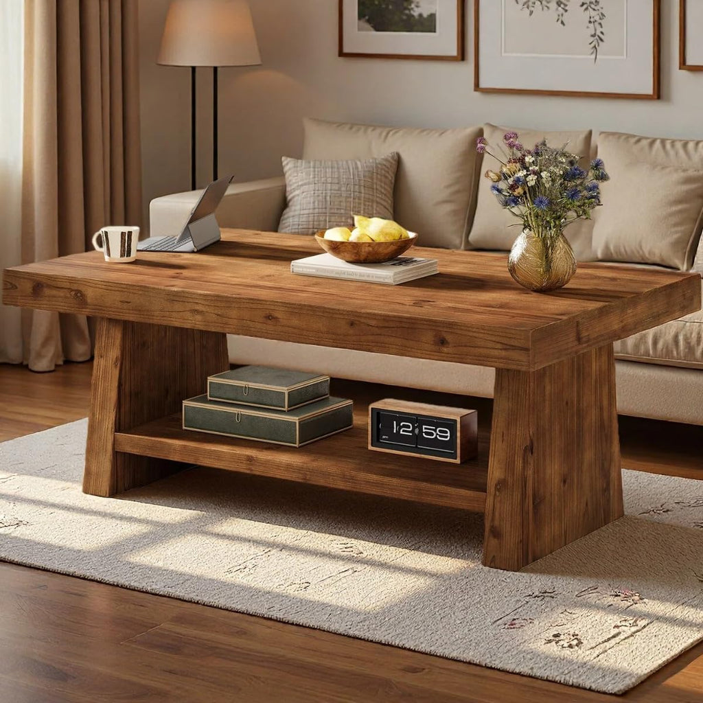 Solid Wood Coffee Table, 47-Inch Farmhouse Wooden Coffee Table for Living Room, 2-Tier Rectangular Center Table with Storage for Apartment, Home Office, Dark Brown