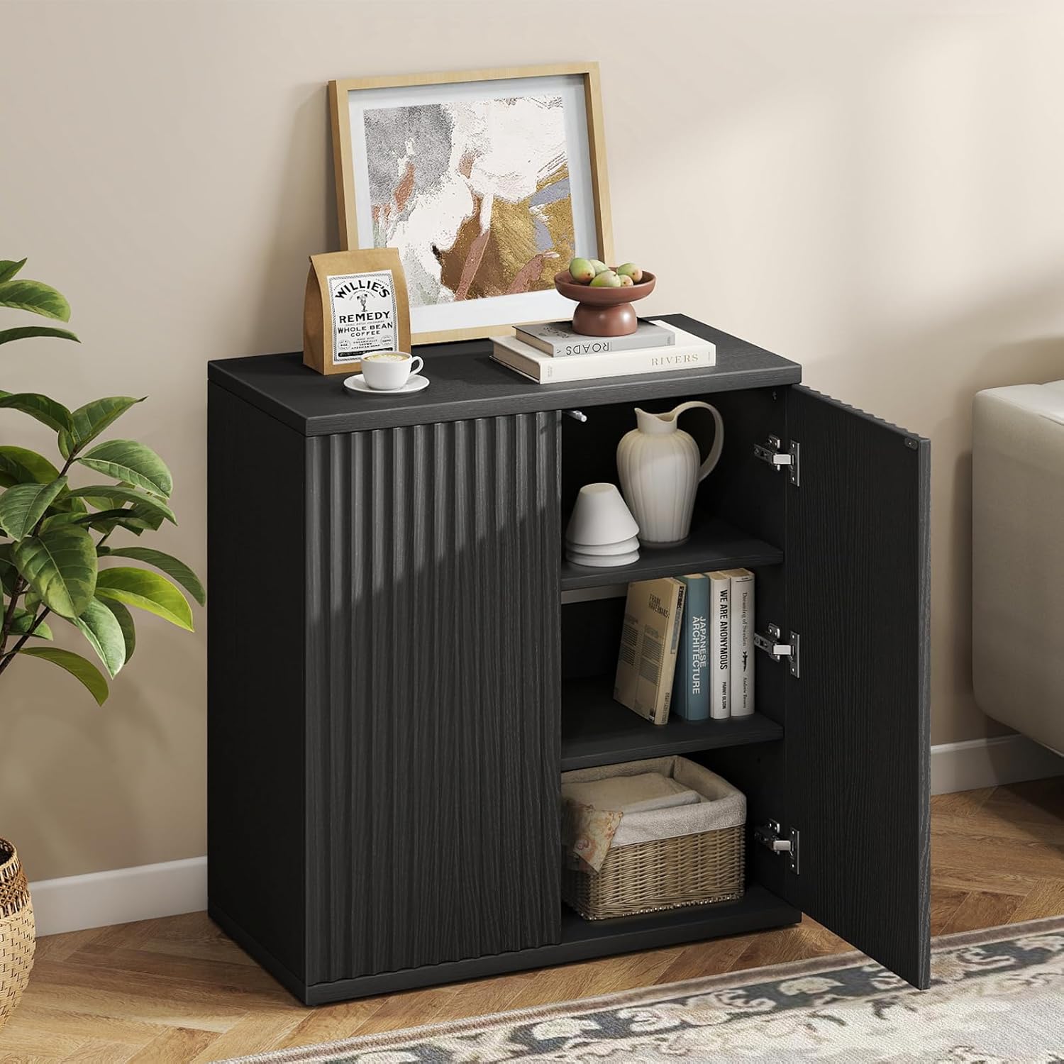Fluted Sideboard Buffet Cabinet with Storage, Wood Sideboard Cabinet with Doors, Small Credenza Buffets & Sideboards for Kitchen, Accent Cabinets for Entryway Living Room Hallway Home, Black