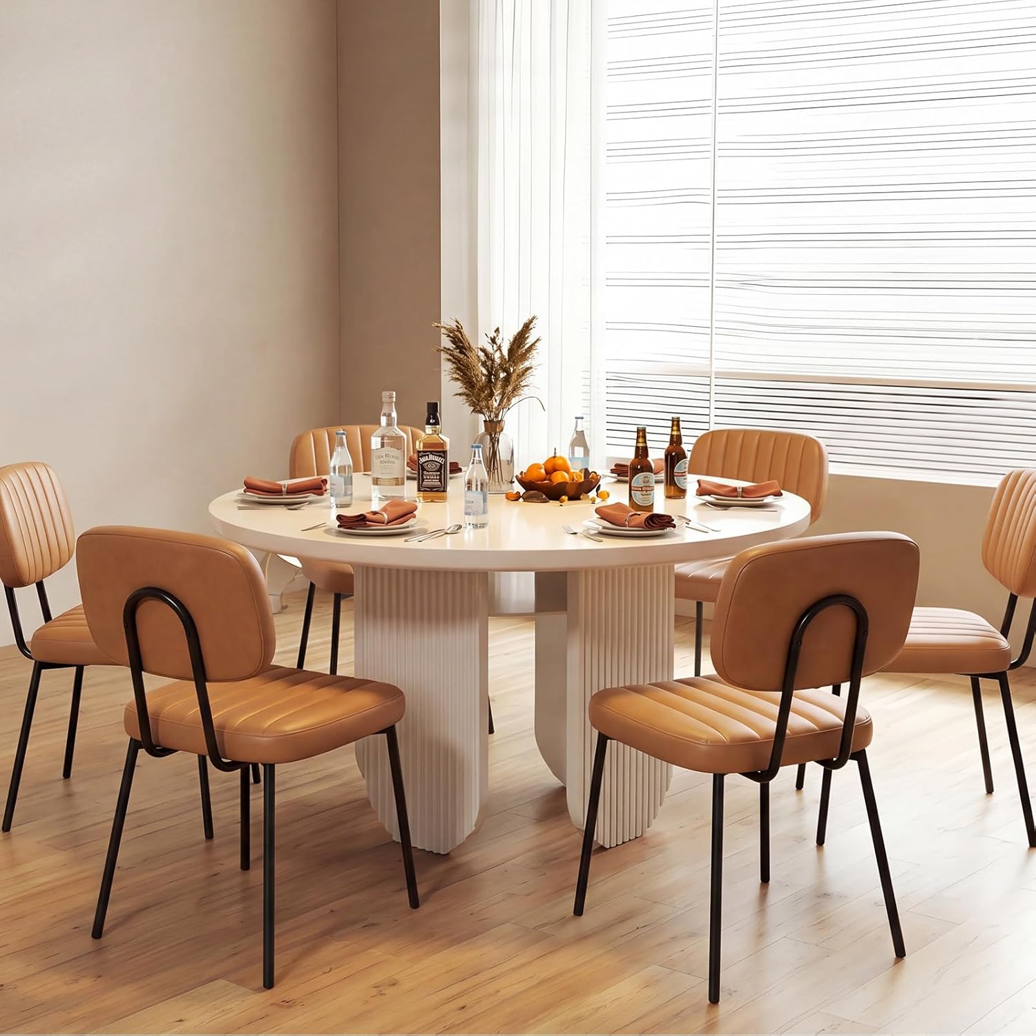 OLIXIS Dining Chairs Set of 6, Modern Upholstered Mid Century Kitchen Chairs with Faux Leather Cushion Seat, Backrest & Metal Legs for Living Room, Bedroom, Home Office, Brown