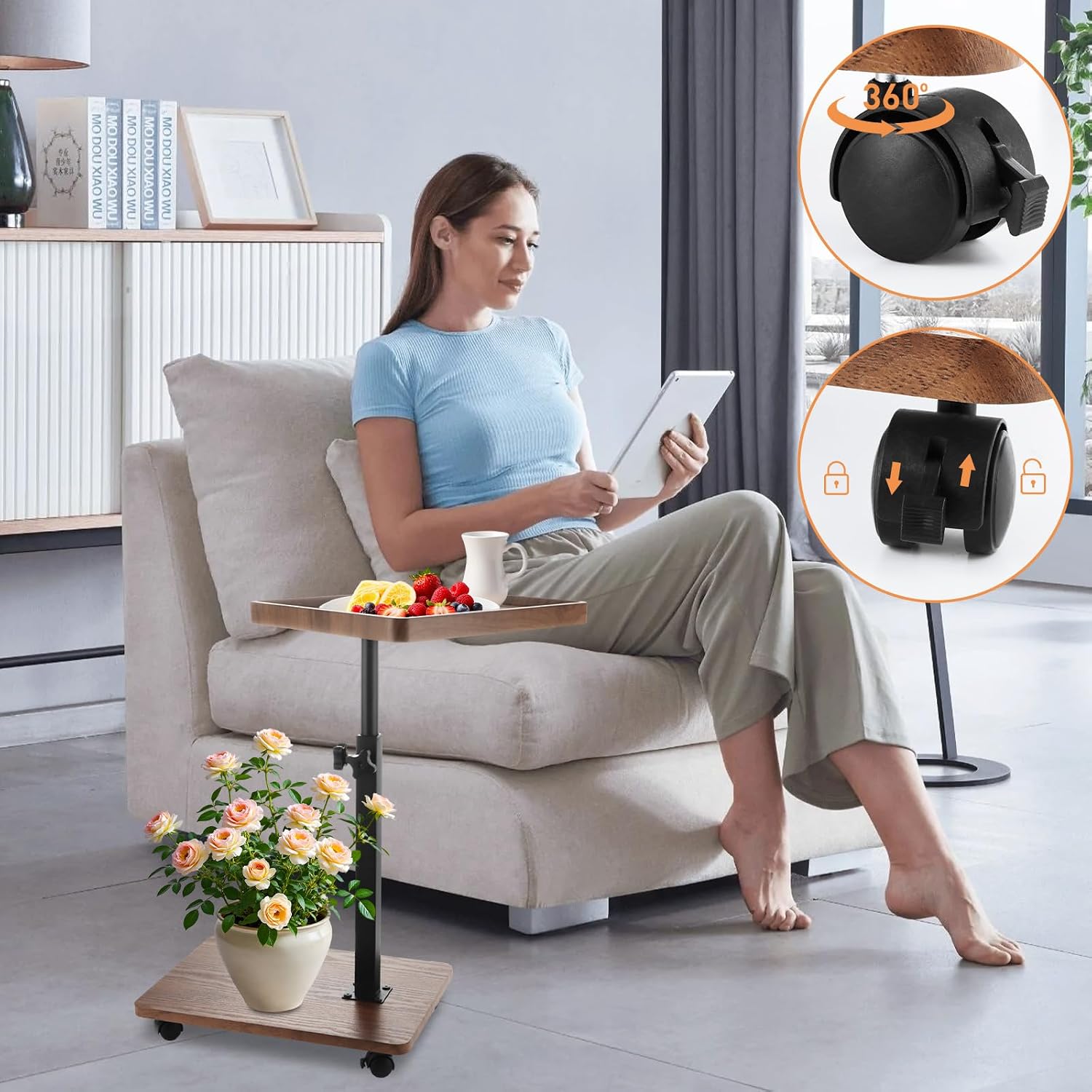 C Table End Table Adjustable Height, 360° Swivel Bed End Tables with Wheels, C Shaped Side Tables TV Tray Sofa Table for Small Spaces，Side Tables Living Room and Bedroom for Sofa, Bed,Chair