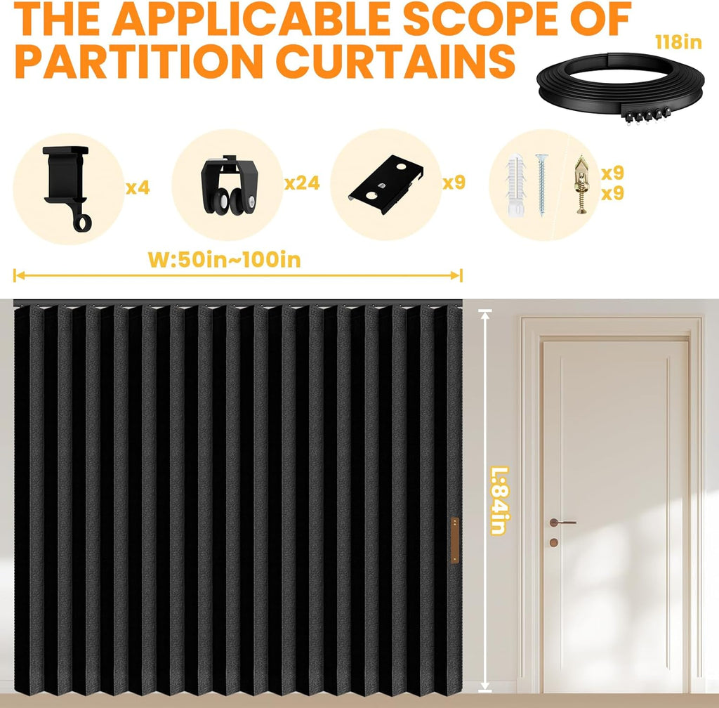 Room Divider Curtain Sets with Flexible Ceiling Track, Privacy Soundproof Curtain for Bedroom Office Patio Sliding Door(Black, W100 x L84, 1 Pack)