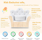 DREAMADE Kids Sofa with Ottoman, Crown-Like Kids Couch w/Comfy Armrests, Sturdy Wood Structure, PVC Leather Surface & Crystal Decoration, Toddler Chair with Footstool, Ideal for Princess 3-5 (White)
