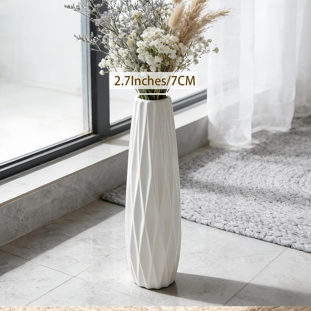 White Tall Ceramic Floor Vase, 17.7 Inch, Ribbed Design, Large Vase | Glossy Glazed Finish, Narrow Corners, Entryway, Bedroom, Compact Spaces