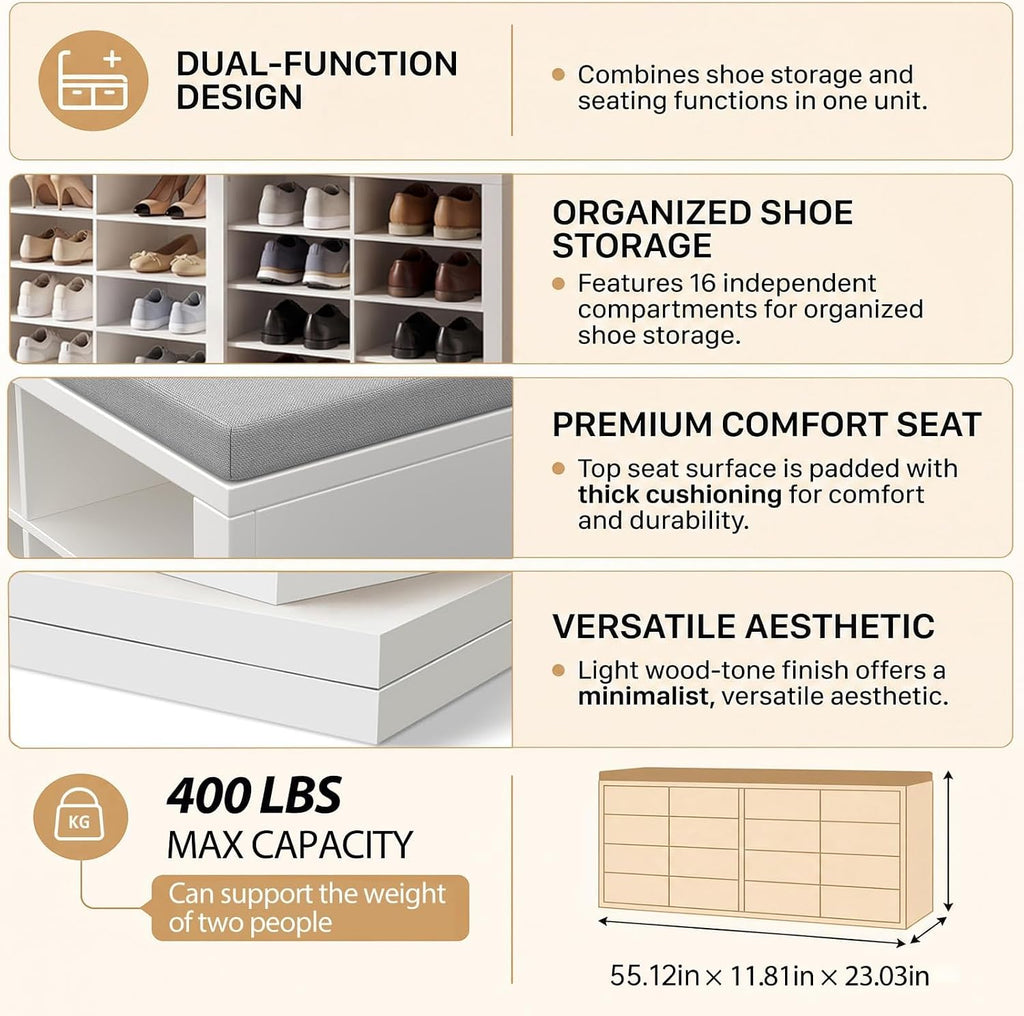 Shoe Storage Bench with Cushion Shoe Rack for Entryway 16 Cubby Multifunctional Organizer Bench Entryway with Soft Sponge Cushion for Hallway Living Room Bedroom (White & Light Gray)