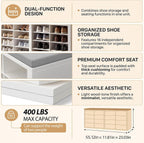 Shoe Storage Bench with Cushion Shoe Rack for Entryway 16 Cubby Multifunctional Organizer Bench Entryway with Soft Sponge Cushion for Hallway Living Room Bedroom (White & Light Gray)