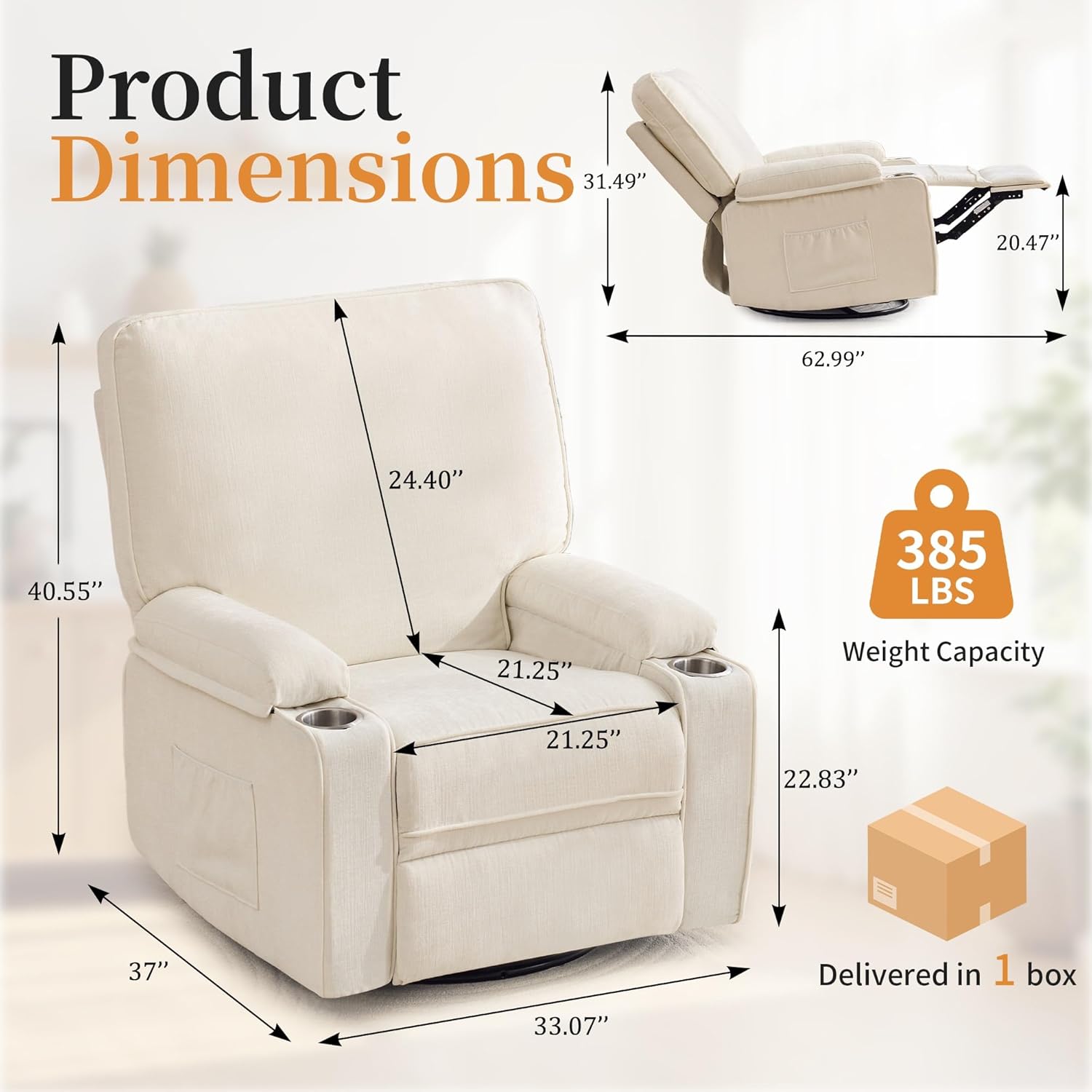 Korser Recliner Chair, Nursery Rocking Chairs for Adults, 360° Swivel Rocker Recliner with Cup Holder, Overstuffed Glider Rocking Chair for Living Room, Manual Recliner with Side Pockets, Chenille