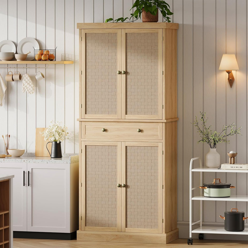 Kitchen Pantry Cabinet with 4 Doors and Adjustable Shelves, 72" Tall Farmhouse Storage Pantries with 1 Drawer for Living Room, Dining Room