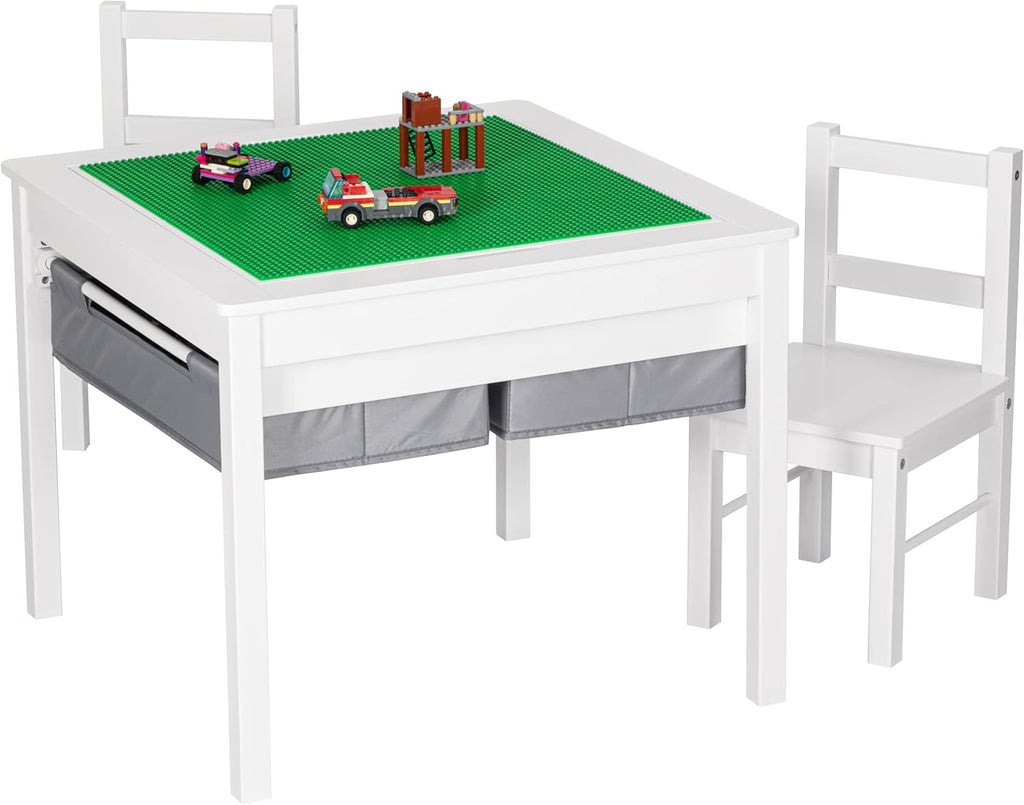 UTEX Wooden 2 in 1 Kids Construction Activity Table and 2 Chairs Set with Storage Drawers, and Built in Plate Compatible with Lego and Duplo Bricks (White with Grey Drawers)