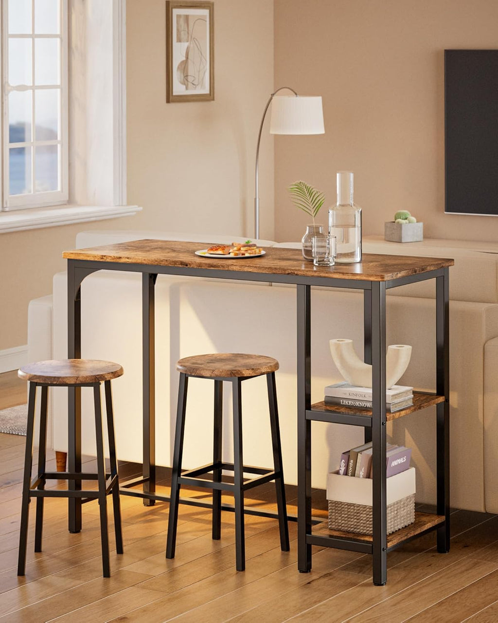 Qsun 3-Piece Bar Table Set for 2, Bar Height Table with Stools & 2 Storage Shelves, Small Bar Table Set with Glass Rack, Small Kitchen Table for Dining Room, Living Room, Rustic Brown