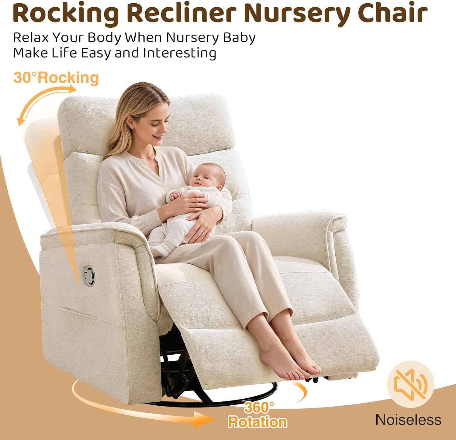 Oversized Swivel Rocker Recliner, 26'' Extra Wide Rocking Recliner Nursery Chair, Manual Swivel Recliner for Nursery, Reclining Rocking Chairs for Living Room, Chenille Beige